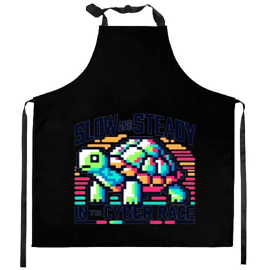 Cyber Turtle - Slow and Steady in 8-bit Color Kitchen Aprons