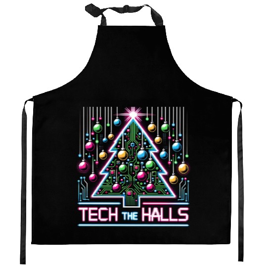 Tech the Halls - Christmas Tree in 8-bit Neon Kitchen Aprons