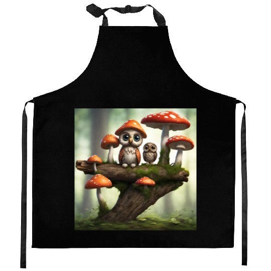 Cute Owls and Wild Mushrooms Kitchen Aprons
