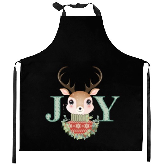 cute deer with sweater and Christmas wreath Kitchen Aprons