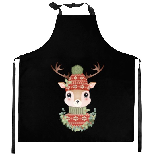 cute deer with sweater and Christmas wreath Kitchen Aprons