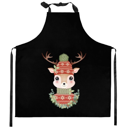 cute deer with sweater and Christmas wreath Kitchen Aprons