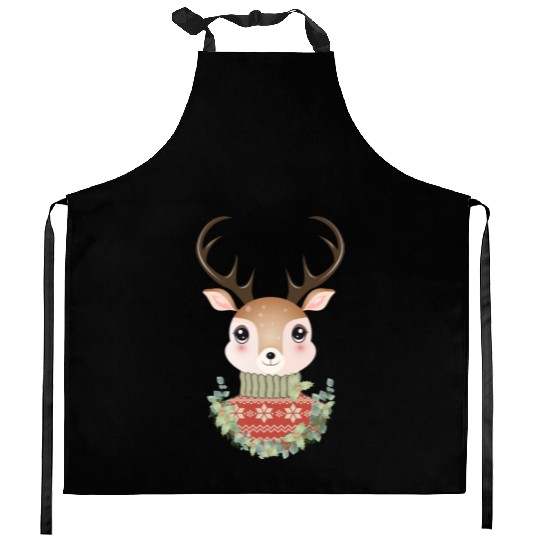 cute deer with sweater and Christmas wreath Kitchen Aprons
