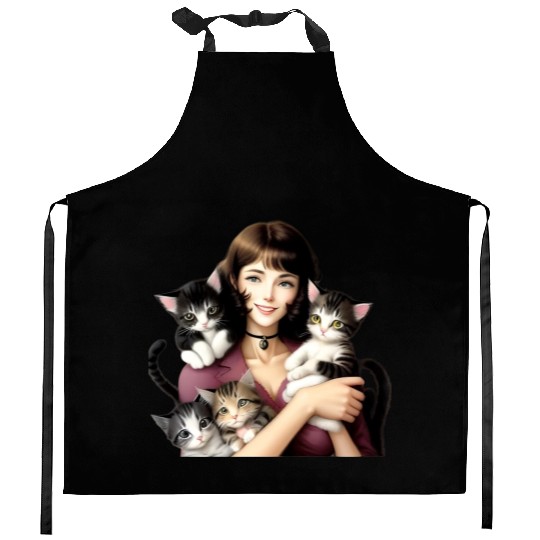 Pretty Cat Lady with Cute Kittens Kitchen Aprons