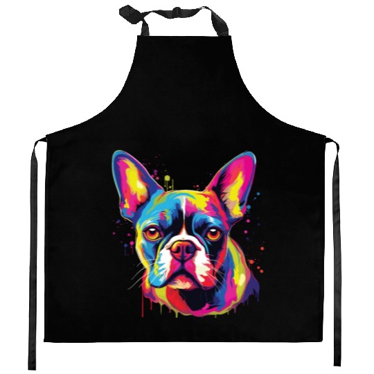 Watercolor Colorful Boston Terrier Kitchen Aprons