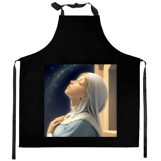 Virgin Mother Mary Praying on a Starry Night Kitchen Aprons