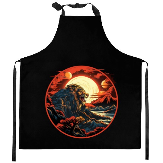 Red Japanese Style Mountain Lion Art Kitchen Aprons