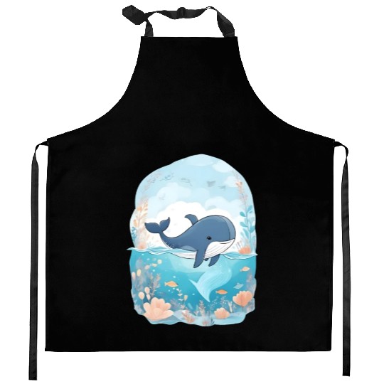 cute whale in cartoon fantasy Kitchen Aprons