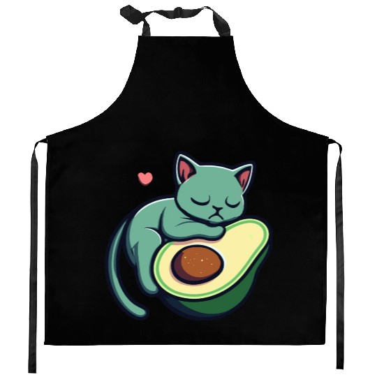 Green Cat Sleeping On An Avocado With Heart Kitchen Aprons