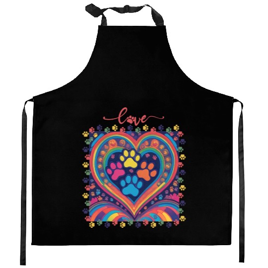 Rainbow Heart Love paw prints Kitchen Aprons