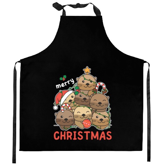 Otter Christmas Tree Merry Christmas Kitchen Aprons