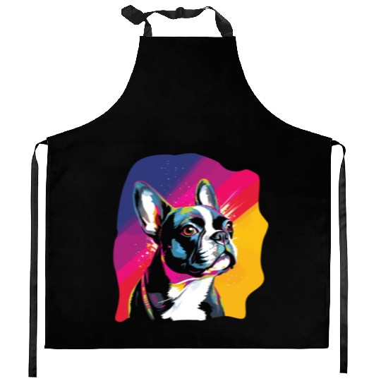 Watercolor Colorful Boston Terrier Kitchen Aprons
