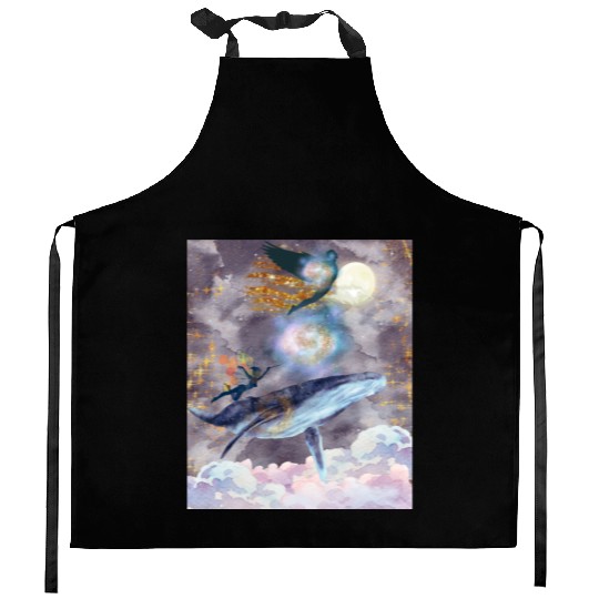 Whale's Celestial Journey Kitchen Aprons
