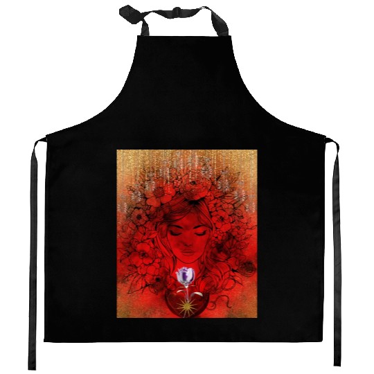 Majestic Floral Gaze - Serene Golden Red Beauty Kitchen Aprons
