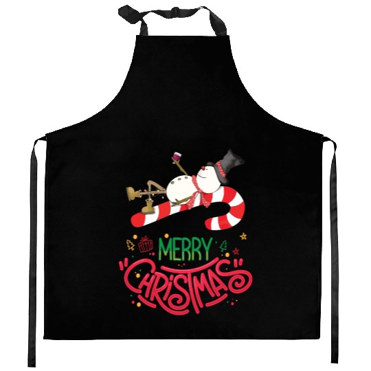 Merry Christmas Snowman, Lying On Candy Cane Kitchen Aprons