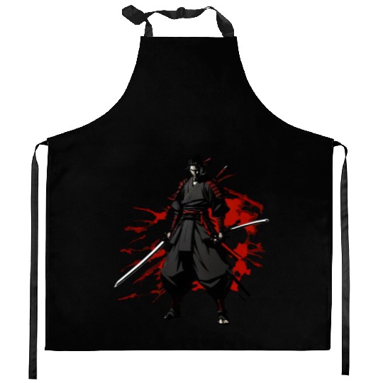 Anime Samurai Hero in Black Kimono Kitchen Aprons