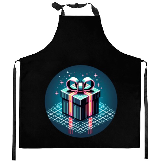 Cyberpunk Pixel Art Gift Box - Neon Ribbons Kitchen Aprons