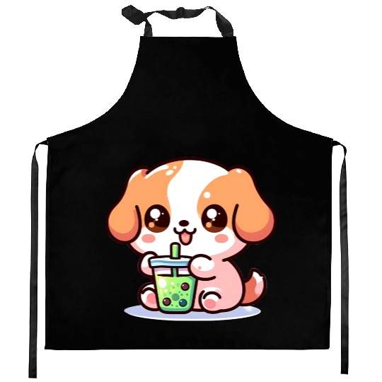 Playful dog with bubble tea Kitchen Aprons