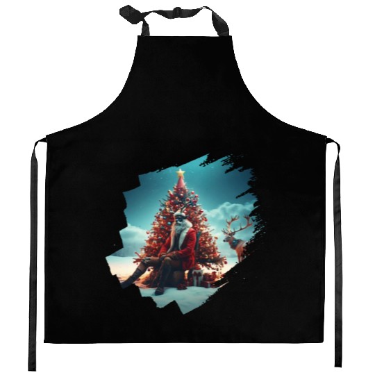 Christmas tree, Santa, gifts, and Reindeer Kitchen Aprons
