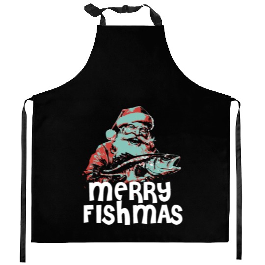 Funny Santa Claus Fishing Merry Fishmas Christmas Kitchen Aprons