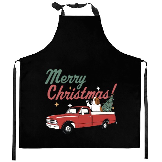 Merry Christmas Saint Bernard Dog Vintage Red Kitchen Aprons