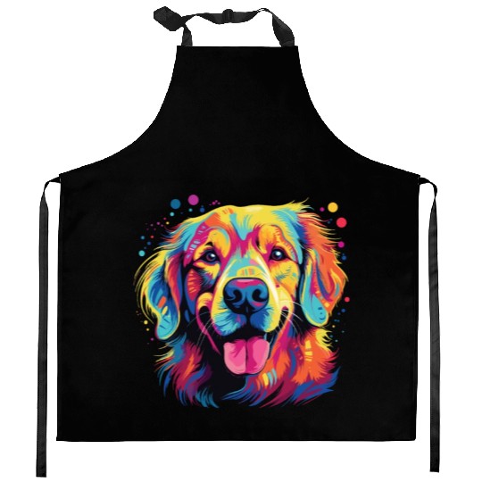 Watercolor Colorful Golden Retriever Kitchen Aprons