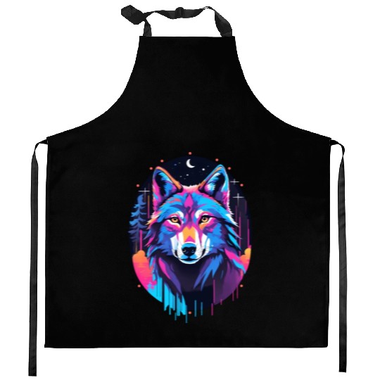 Eerie Blacklight Wolf Kitchen Aprons - Neon Colors