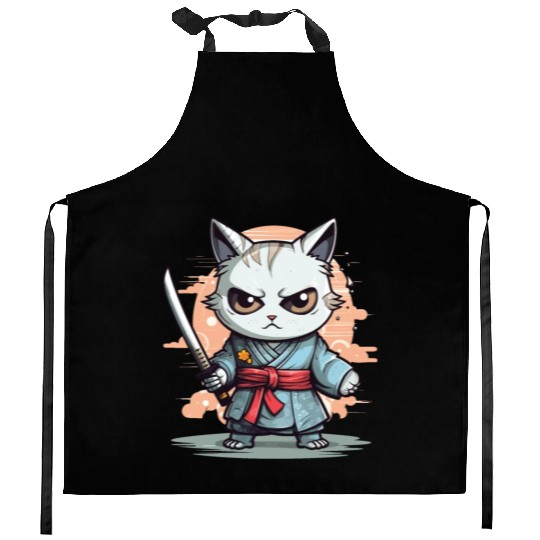 Cute Samurai Cat Kawaii Japanese Ronin Aesthetic A Kitchen Aprons