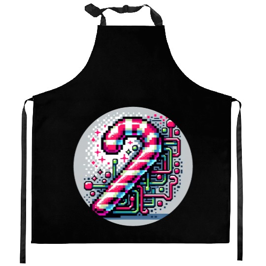 Neon Cyberpunk Candy Cane 8-Bit Pixel Christmas Kitchen Aprons