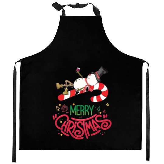 Snowman Lying On Candy Cane Merry Christmas Kitchen Aprons