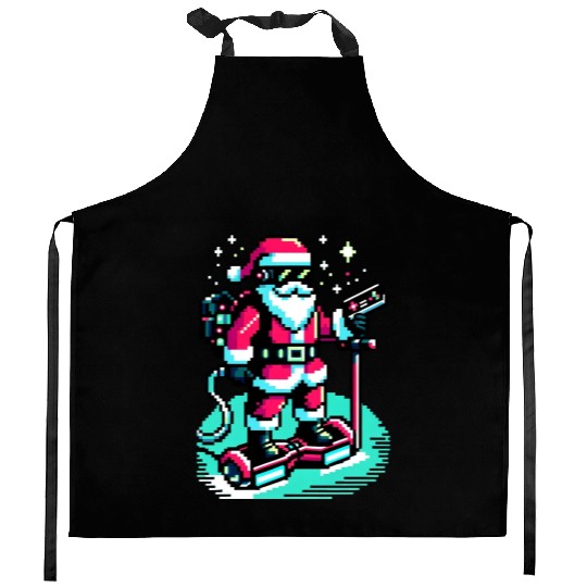 Witty 8-Bit Cyberpunk Santa Kitchen Aprons