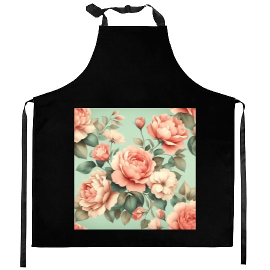 Blush Pink Roses on Mint Green Background Kitchen Aprons