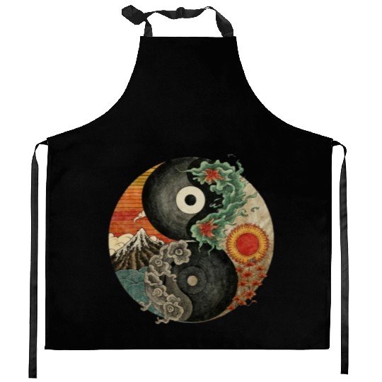 Yin and Yang shaped logo Japanese ink painting Kitchen Aprons