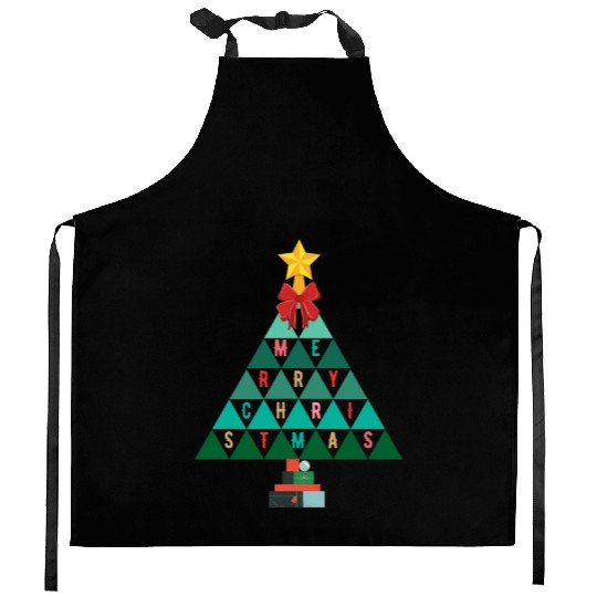 Merry Christmas tree (black bg) using triangles Kitchen Aprons