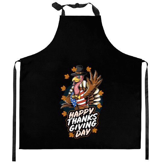 happy thanksgiving day turkey Kitchen Aprons