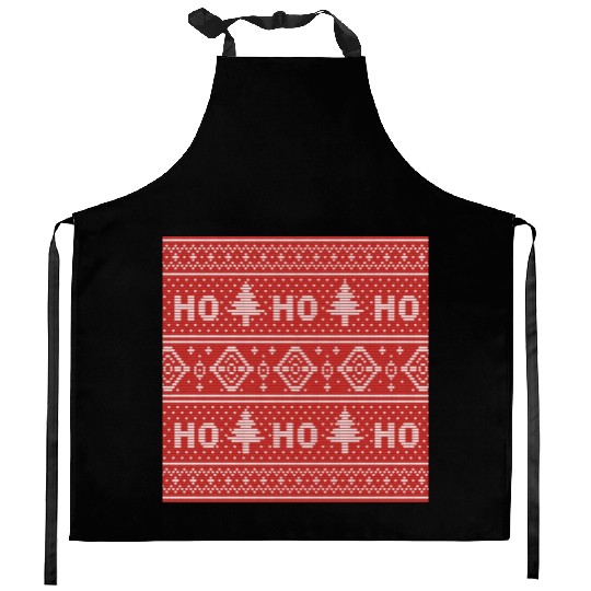 HO HO HO Red Ugly Sweater Christmas FlyingReindeer Kitchen Aprons