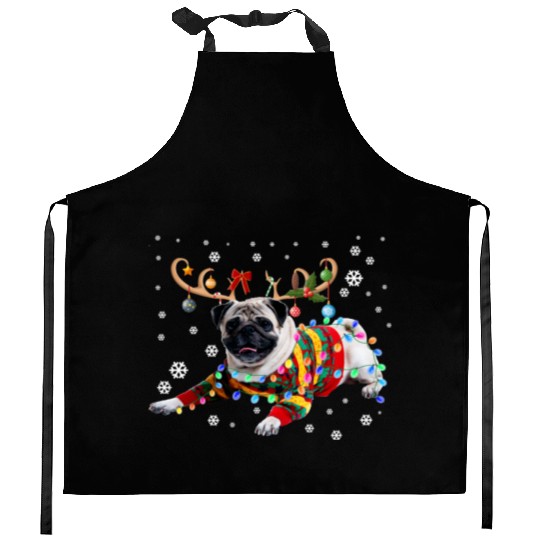 Funny Pug Dog Christmas Reindeer Christmas Lights Kitchen Aprons