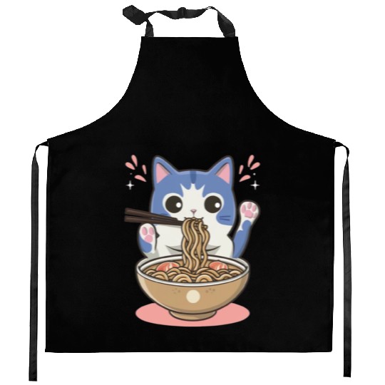 te cat ramen noodles neko kawaii funny Kitchen Aprons