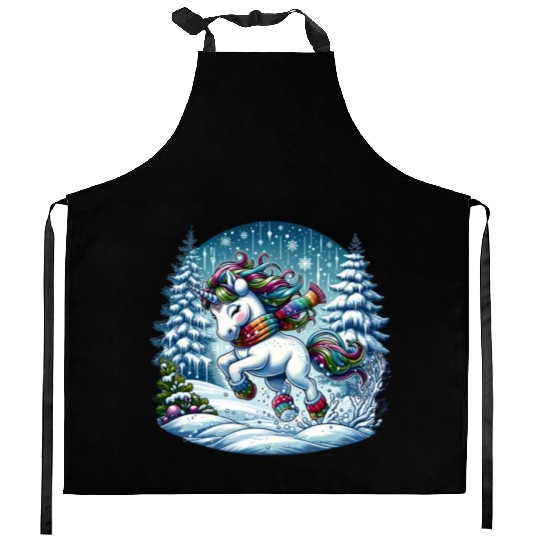 Unicorn in a Winter Wonderland Kitchen Aprons