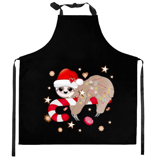funny sloth with candy cane for Christmas Kitchen Aprons