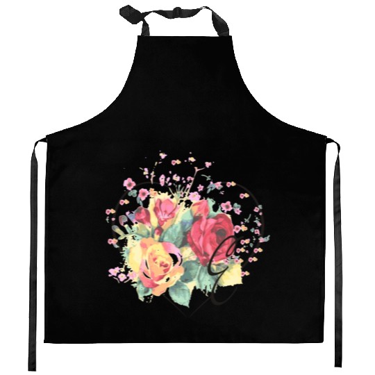 Letter E Monogram Floral Roses Heart Kitchen Aprons