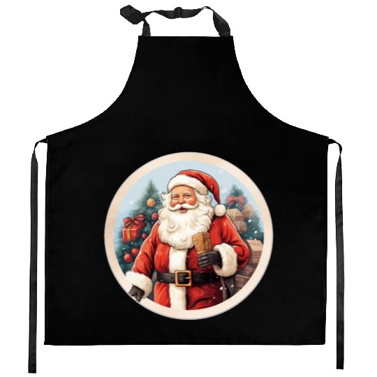 3D christmassticker circle Santa Claus Kitchen Aprons