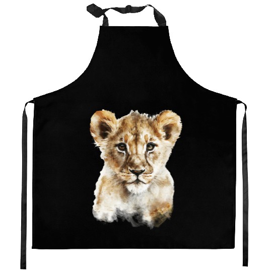 Watercolor Lion Cub Painting Portrait Kitchen Aprons