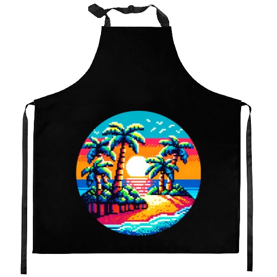 Pixel Palms: Tropical Serenity Kitchen Aprons