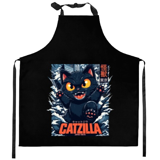 Kaiju Catzilla in Japan Tokyo Kitchen Aprons
