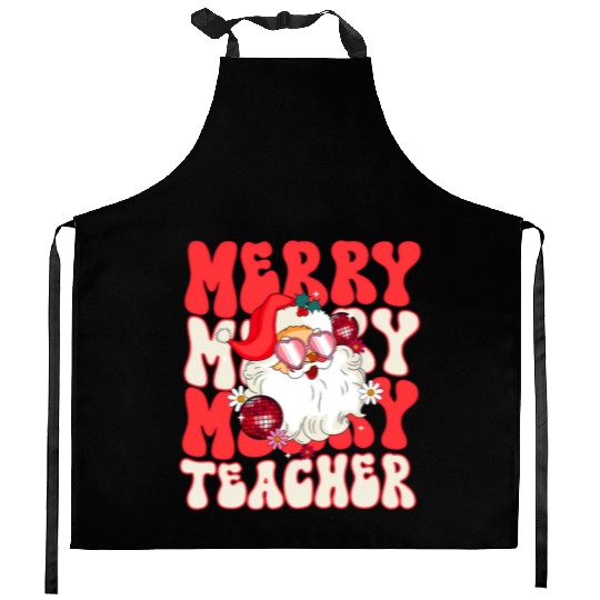 Merry Teacher Christmas Retro Wavy Pink Teacher Kitchen Aprons