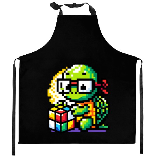 Rubik's Cube & Pixel Turtle - A Brainy Challenge Kitchen Aprons