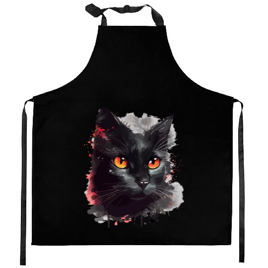 Black Cat Japanese Watercolor Mystery Gaze Kitchen Aprons