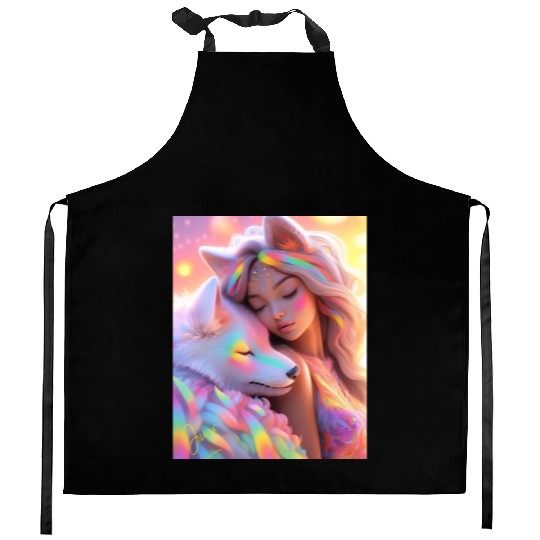 Rainbow Friends - White Wolf and Girl Kitchen Aprons