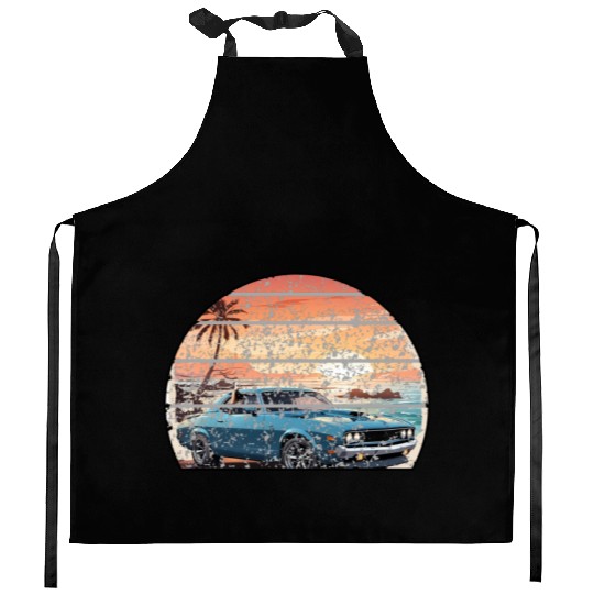 A muscle car cruisingon a coastal road. Kitchen Aprons